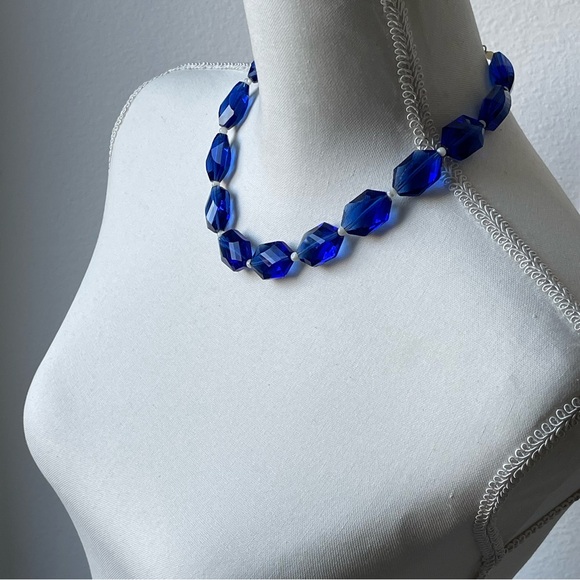 Chunky Faceted Oval Blue Glass Mother Of Pearl Bead Spacer 925 Clasp Necklace - Picture 10 of 14